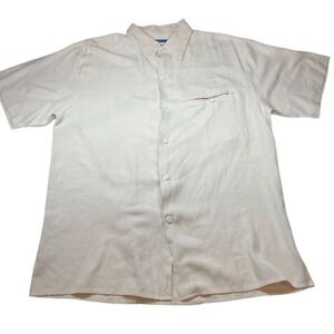LINEA DOME 100% Silk Short Sleeve Camp Button Up Shirt Ivory Mens Medium Casual